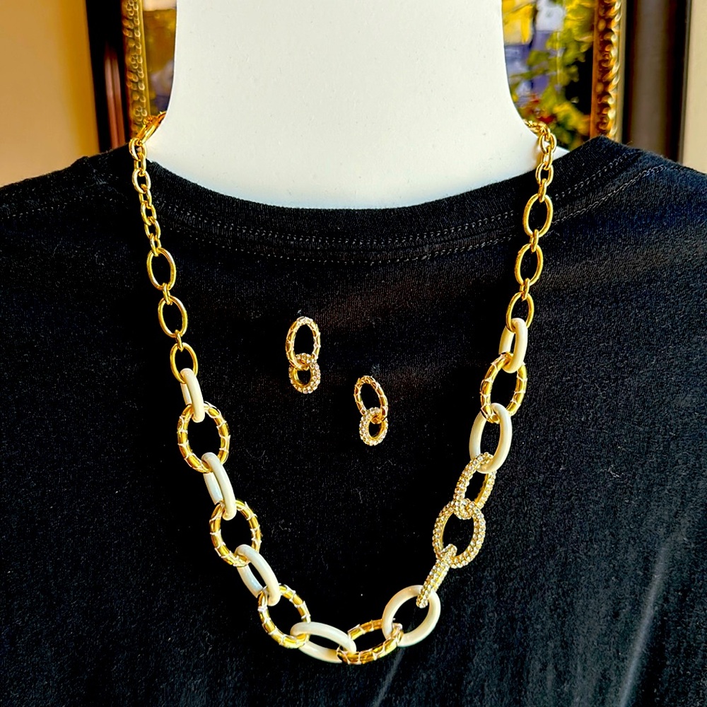 BRIGHTON Beautiful Necklace and Earring Set Cream Gold and Rhinestones